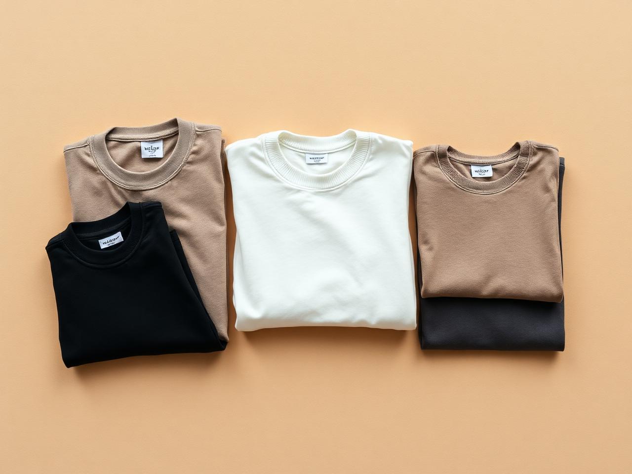 Folded garments in warm neutral tones laid out on a sand coloured surface
