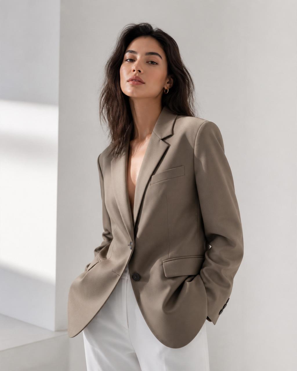 Woman wearing an oversized blazer in a clean studio — try it on with Mirror