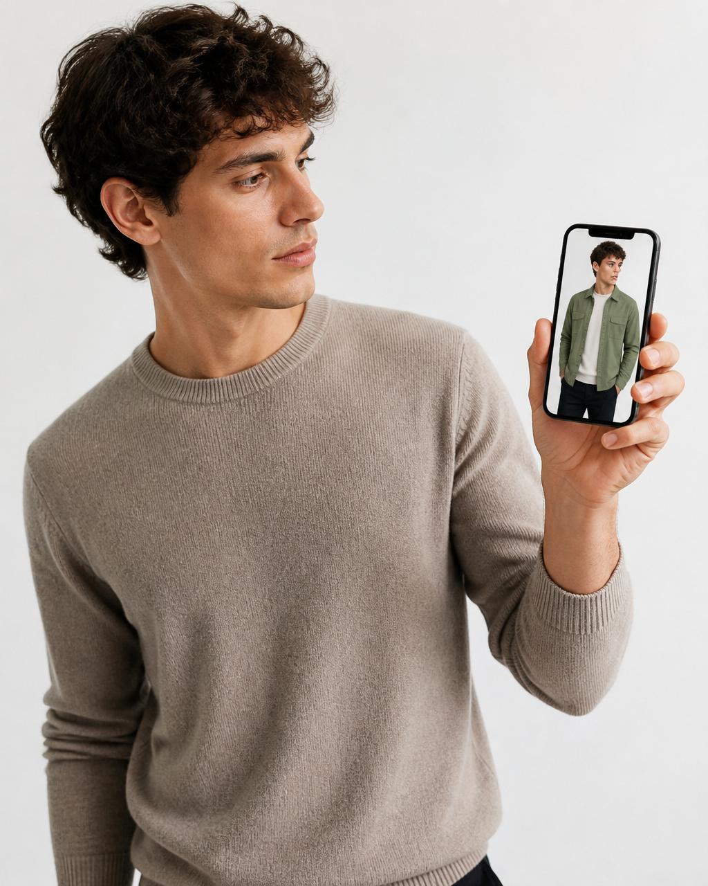 Man previewing a new outfit on his phone with AI
