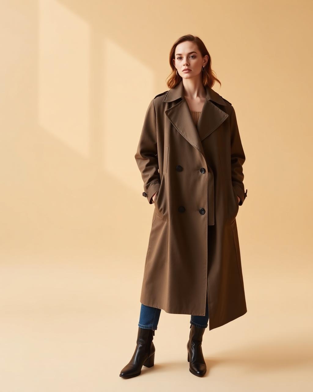 Woman wearing a long trench coat photographed on a warm neutral studio backdrop