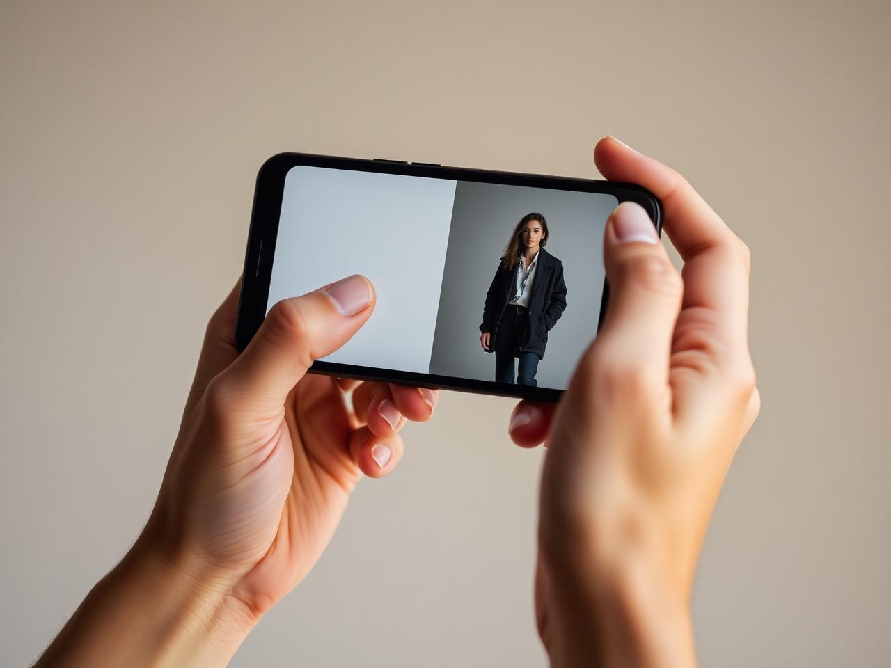 Hands holding a phone showing a before and after virtual try-on preview